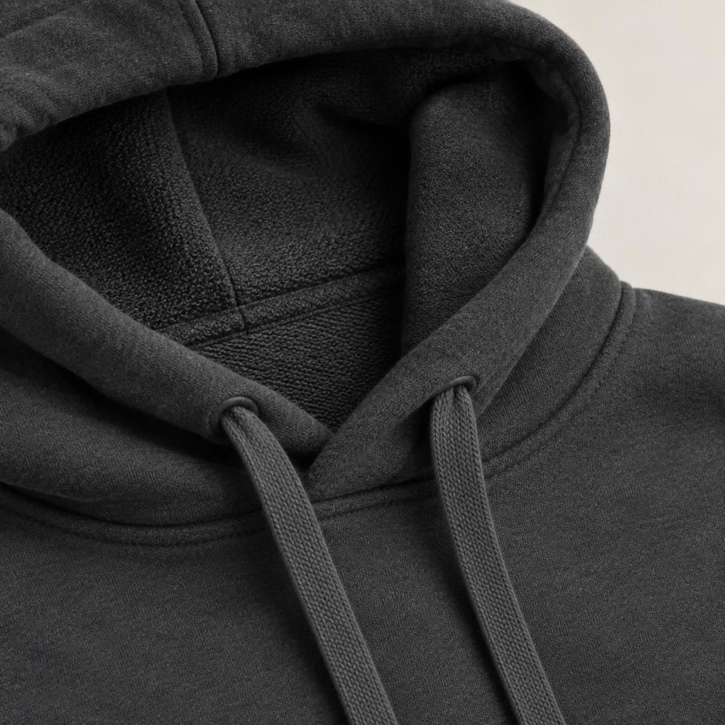 Close-up of the hoodie hood and drawcord showing the heavy cotton loopback fabric